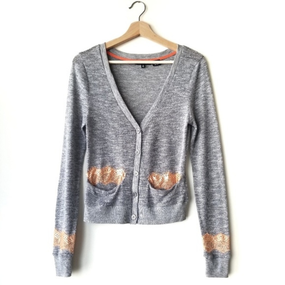 Miss Me Lace Trim Button Up Knit Sweater Cardigan